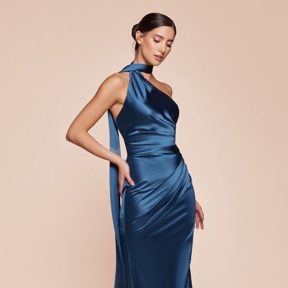 NEW FORMAL SHEATH SATIN DRESS W/ WRAP HALTER NECK LEG SLIT & ZIPPER BACK CD 7454